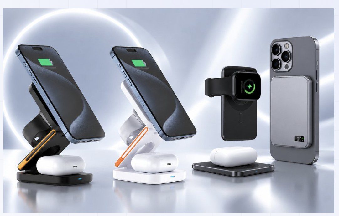 AIRIX charging stations in Black and White, magnetic watch charger and power bank with iPhone