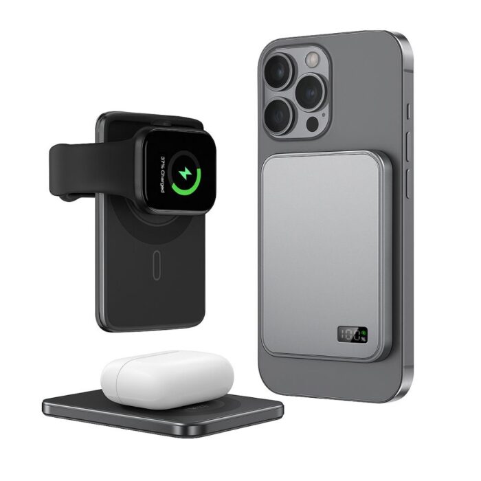 AIRIX magnetic power bank in Grey attached to the back of an iPhone, close-up
