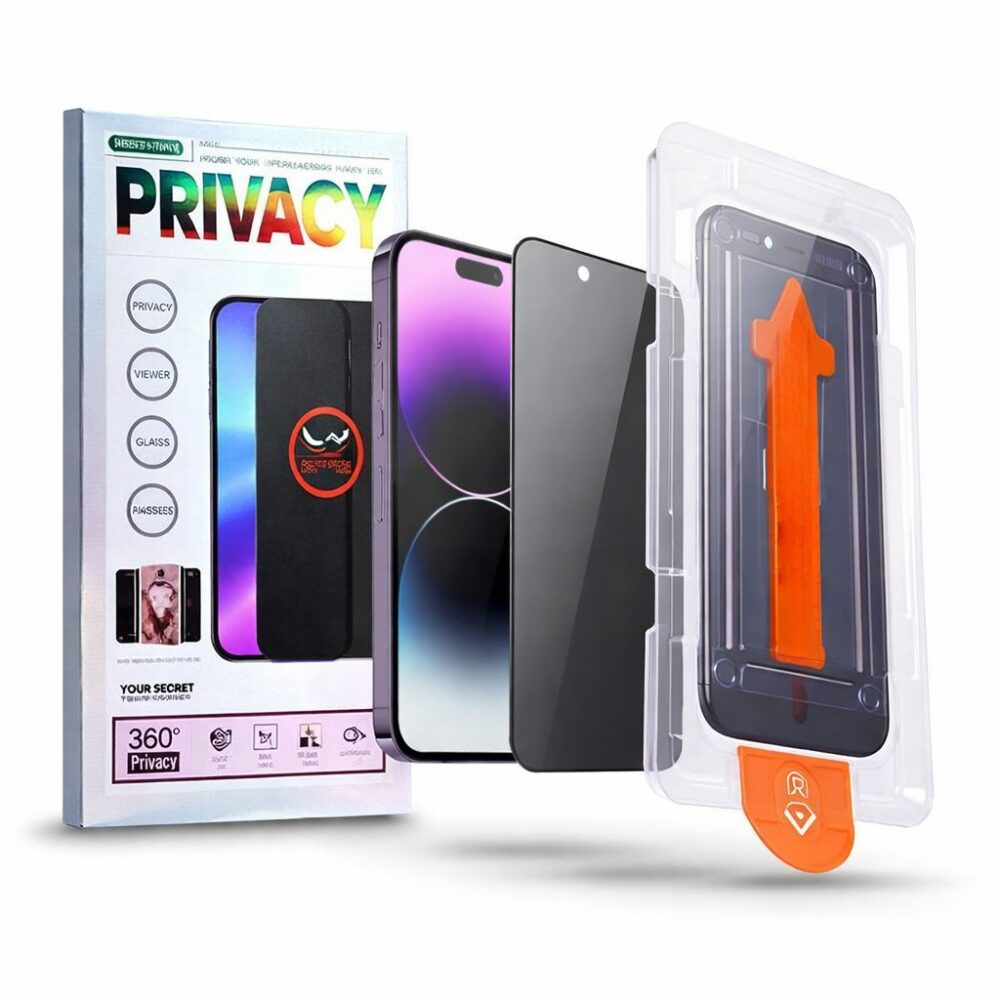AIRIX privacy screen protector in its retail packaging, beside the protector and an iPhone
